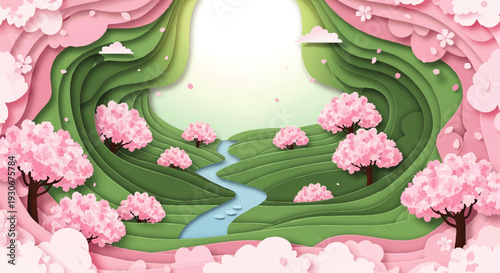 A whimsical paper-cut illustration of a serene landscape filled with blooming cherry blossom trees, rolling hills, and a gentle stream under a soft, sunlit sky