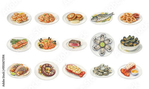 Watercolor seafood and gourmet fish dishes collection
