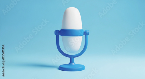 Minimalist 3d illustration of a white and blue microphone with a sleek design standing upright on a light blue background