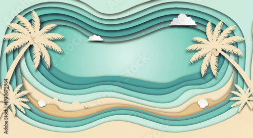 Relaxing beach scene with palm trees and ocean waves layered in a paper-cut style illustration