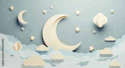 Whimsical paper craft moon and stars scene, dreamy night sky with clouds, perfect for children's rooms or nursery decor