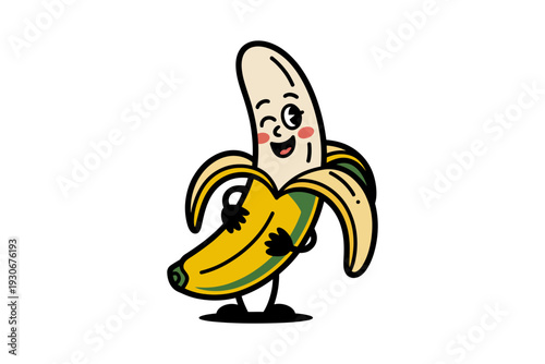 A cartoon banana character holding a bunch of bananas with a happy expression on its face