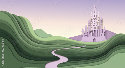 Majestic fairytale castle atop rolling green layered hills, a whimsical path inviting a magical journey through an enchanting and serene dreamscape illustration