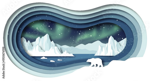 Paper art depicting a serene Arctic night with a polar bear, icebergs, and the beautiful Aurora Borealis over tranquil waters