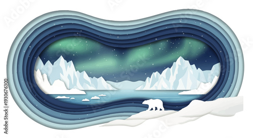 Beautiful layered paper illustration capturing the serene Arctic wilderness with a lone polar bear traversing icy plains under the vibrant aurora borealis