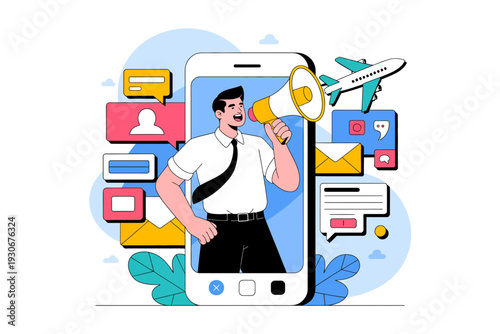 A man holding a megaphone in front of a large smartphone with various social media icons surrounding it