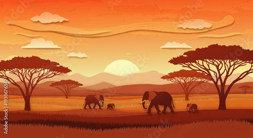 Serene African Savannah Sunset with Majestic Elephants Roaming Freely Amidst Iconic Acacia Trees Under a Fiery Sky, Illustrating Wilderness Beauty
