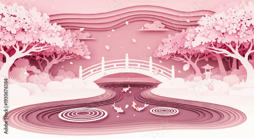 Peaceful layered paper art illustration of a spring scene. Delicate pink cherry blossoms frame a graceful bridge over a tranquil river with playful koi fish, celebrating nature