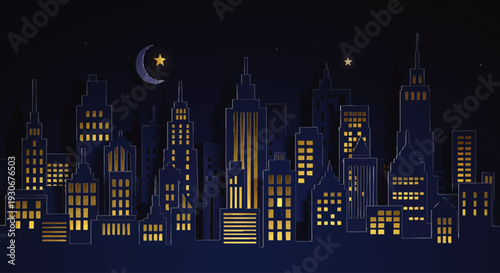 Enchanting Night City Skyline Illustration Featuring Warmly Lit Windows Under a Crescent Moon and Star - Urban Evening Glow
