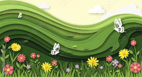 Serene paper-cut landscape unfolds with delicate pink cherry blossoms cascading over a graceful arched bridge, reflecting a tranquil pond where vibrant koi fish playfully dance amidst gentle ripples