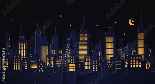 Serene nocturnal city skyline illustration with warm, glowing windows under a starry sky and a gentle crescent moon, capturing urban tranquility and charm