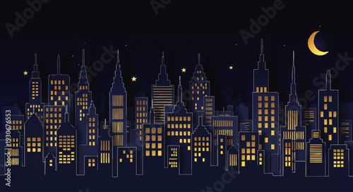 Enchanting Night City Skyline Illustration with Warm Glowing Windows Under a Crescent Moon - Urban Serenity at Dusk