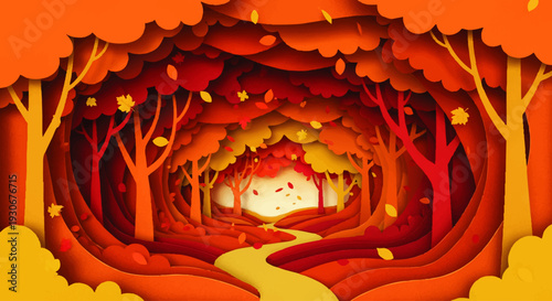 Enchanting autumn forest rendered in a beautiful layered paper cut style with a winding path leading through a vibrant canopy of fall foliage and falling leaves