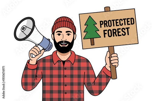 A cartoon lumberjack holding a megaphone and a sign that reads Protected Forest
