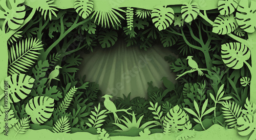 Deep Green Layered Paper Cut Jungle Scene with Tropical Foliage and Exotic Birds Bathed in Radiant Sunlight Filtering Through the Canopy Clearing