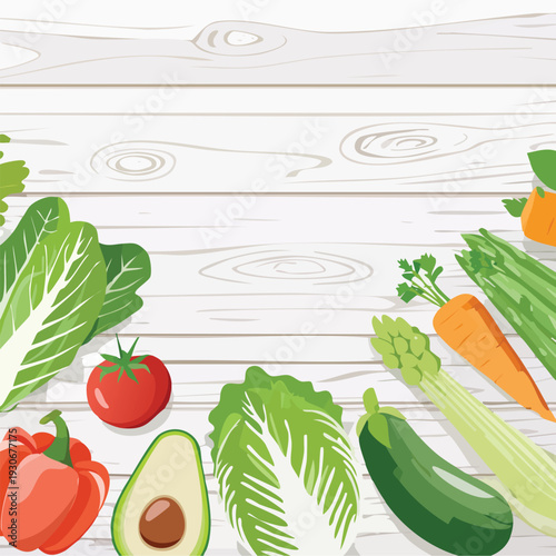 Fresh vegetables arrangement on a white wooden surface