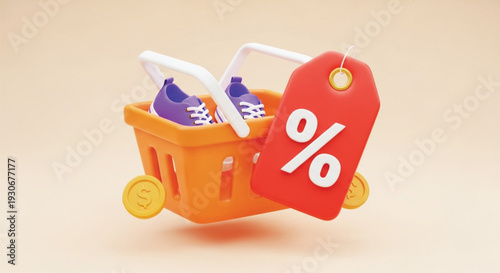 Shopping basket with shoes and coins discount percentage tag online purchase sale concept isolated on light background