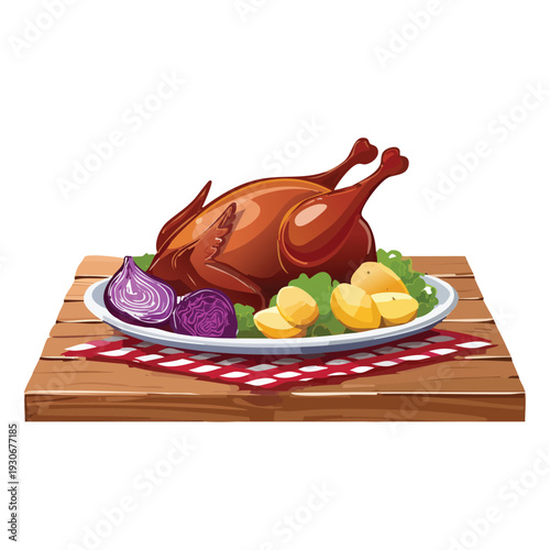 Roasted chicken and vegetables on a serving platter