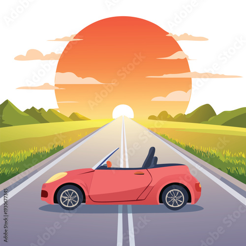 Pink convertible on highway towards sunset
