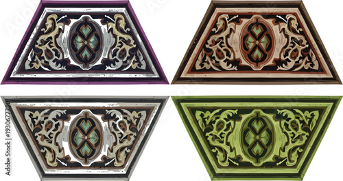 Four ornate triangular patches in different colors