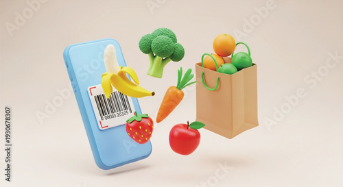 Mobile phone with barcode scanning food items flying around like banana apple broccoli carrot strawberry oranges green apples
