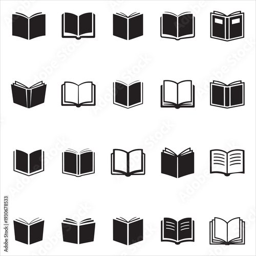 Minimalist Open Book Icon Set Black and White Vector