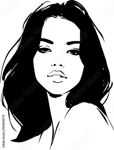 Hand Drawn Beautiful Woman Black and White Avatar Illustration in Minimal Line Art Style Design