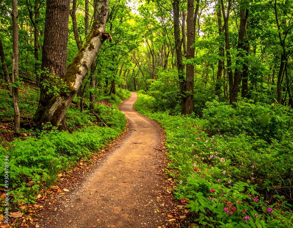 Fototapeta premium Winding Path Through Lush Green Forest in Summer.