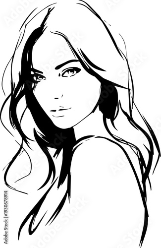 Hand Drawn Beautiful Woman Black and White Avatar Illustration in Minimal Line Art Style Design