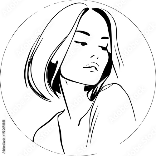 Hand Drawn Beautiful Woman Black and White Avatar Illustration in Minimal Line Art Style Design