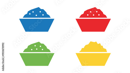 Four colorful bowls filled with different types of toppings displayed in a grid formation