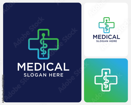 Medical Logo vector Design With Green Blue Cross and Asclepius Symbol for Healthcare Branding