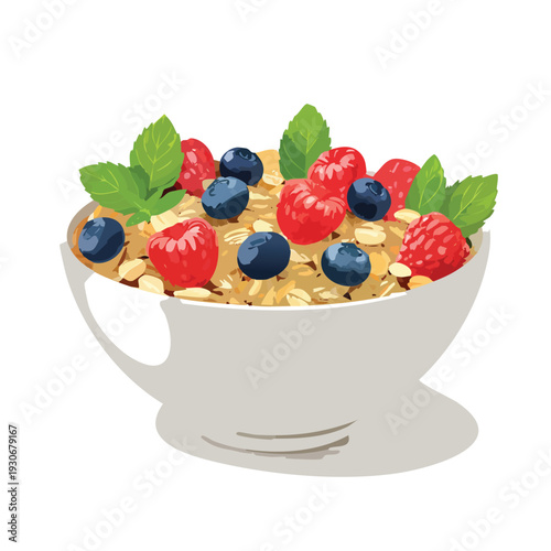 Healthy oatmeal breakfast bowl with fresh berries and mint