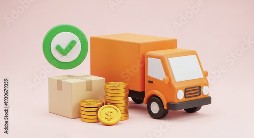 Delivery truck with check mark and gold coins a symbol of successful and fast delivery business transaction or financial success