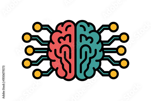 A colorful vector graphic illustration of a brain with circuit board elements, symbolizing artificial intelligence and technology