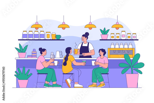 A vibrant illustration of a cafe scene with people sitting at a counter and a barista serving them