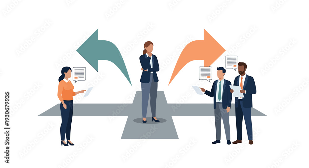 Fototapeta premium Business people exchanging documents and making decisions. Vector Illustrations. EPS Editable