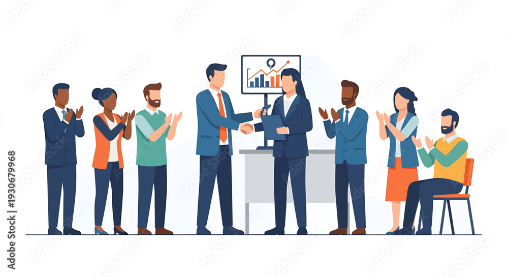 Obraz premium Business people shaking hands and celebrating success in a meeting. Vector Illustrations. EPS Editable