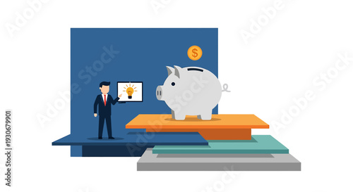 Business Man Standing Next to Piggy Bank and Light Bulb Idea Symbol. Vector Illustrations. EPS Editable