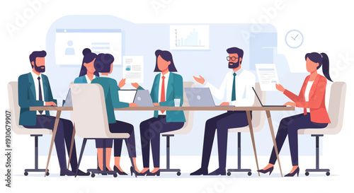 Professional Business Team Collaborating at Conference Table with Laptops and Documents | Group Meeting for SaaS Development and Project Management Strategy Flat Vector Illustration