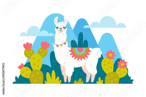 A colorful cartoon llama standing in a desert landscape with cacti and mountains