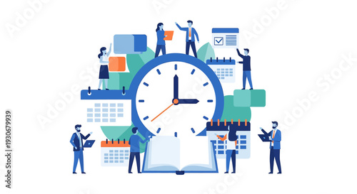 Business people managing time and tasks around a large clock and calendars. Vector Illustrations. EPS Editable