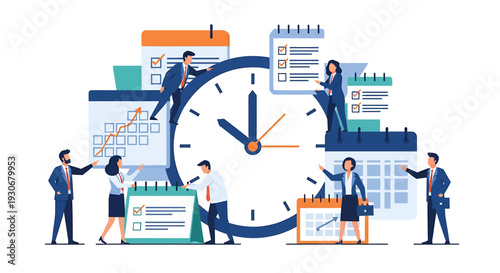Business people managing time and tasks around a large clock illustration. Vector Illustrations. EPS Editable