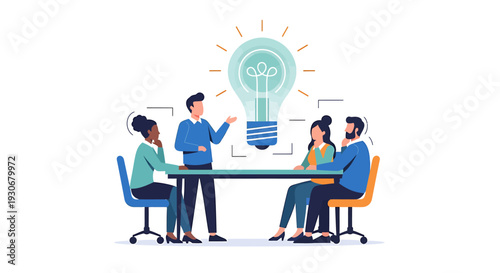 Business Team Brainstorming New Ideas with a Large Light Bulb Illustration. Vector Illustrations. EPS Editable