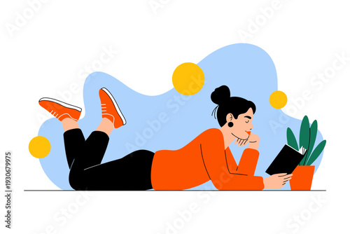 A woman lies on her stomach reading a book next to a potted plant in a modern minimalist vector illustration