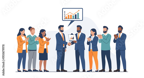 Business team celebrating success with a chart showing growth and achievement. Vector Illustrations. EPS Editable