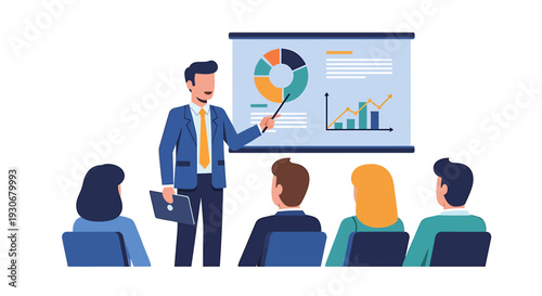 Business Presentation Meeting with Diverse Audience and Chart Analysis. Vector Illustrations. EPS Editable