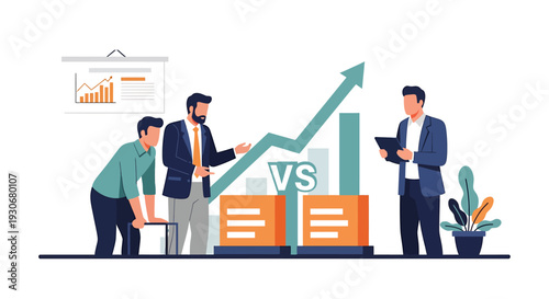 Businessmen analyzing growth chart with VS sign comparing data and making strategic decisions. Vector Illustrations. EPS Editable