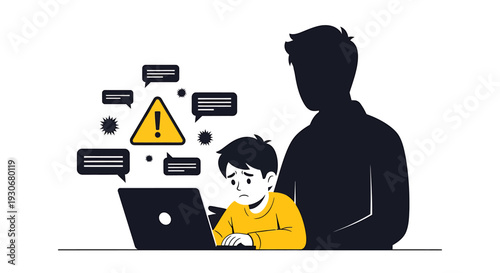 Child Cyberbullying and Online Harassment with Shadowy Figure. Vector Illustrations. EPS Editable