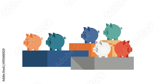 Colorful Piggy Banks on Pedestals Representing Financial Growth and Investment. Vector Illustrations. EPS Editable